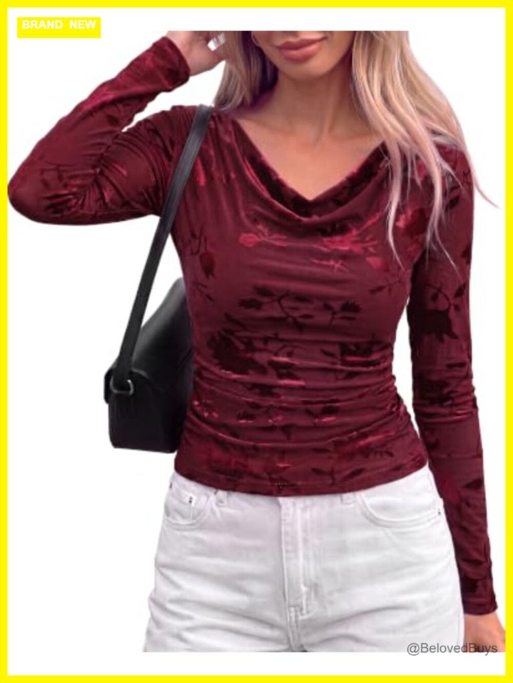Boho Floral Mesh Top Cowl Neck Long Sleeve Slim Fit Fall Tee